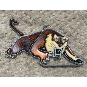 Vintage Handmade Brown Stained Glass Tiger Metal‎ Frame Plastic Window Art